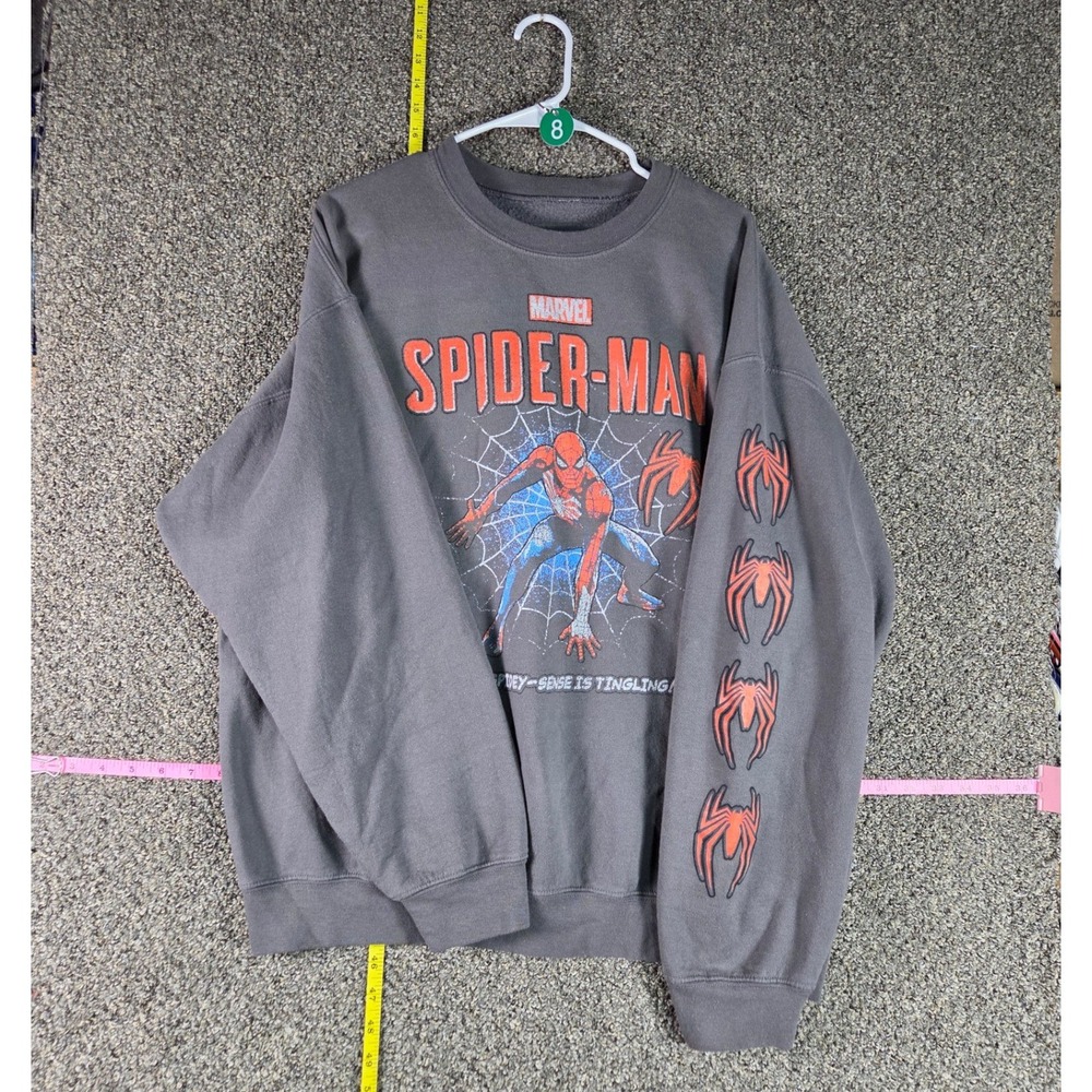 Marvel Spider-Man Sweatshirt Mens XL Grey Spidey-Sense Sleeve Graphic Pullover